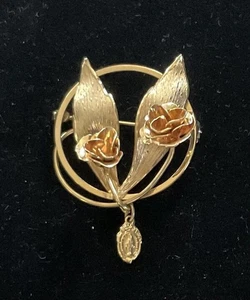 Religiöse katholische goldfarbene Rosen und heilige Medaille Brosche Anstecknadel Vintage - Bild 1 von 4