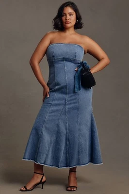 Pilcro by Anthropologie Icon Fluted Midi Dress Strapless Denim Women’s size XL - Image 1 of 4