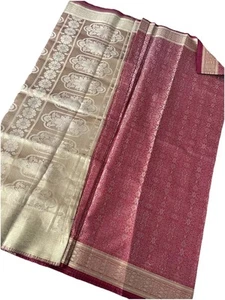Indian Women's NEW Brocade Artificial Silk Sari SAREE DEEP RED w/Golden Border - Picture 1 of 8