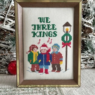 Vintage We Three Kings punto de cruz enmarcado villancico de Navidad decoración artística 6x8" en caja Foto 1 de 4
