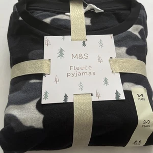 M&S PJs Pyjamas Set Age 8-9 Boys Black Grey Camo Fleece NEW - Picture 1 of 5