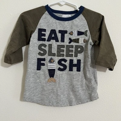 MudPie Kids Long Sleeve 'Eat Sleep Fish' Shirt - Gray and Olive Size 24m-2t/3t - Image 1 of 3