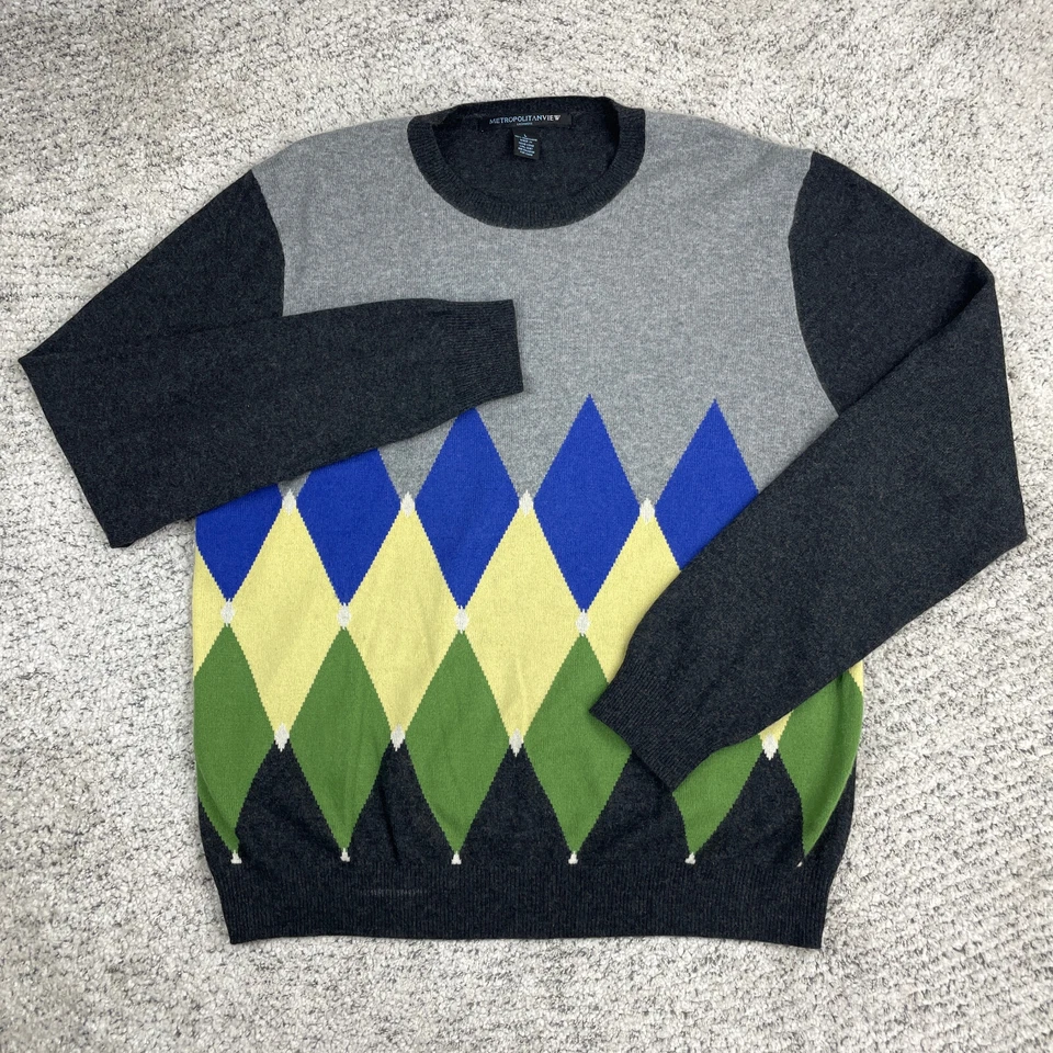 Metropolitan View Sweater Men Large Cashmere Argyle Crew Neck Pullover Knit Gray - Image 1 of 4