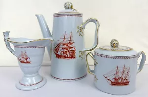 Kaffeeservice Spode TRADE WINDS ROT W128 Goldrand - Kaffeekanne, Zuckerdose, Milchkännchen - Bild 1 von 9
