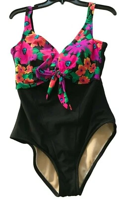 Traje de baño Carol Wior talla 10, una pieza negro con acento floral multicolor top Foto 1 de 4