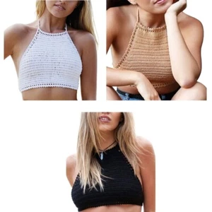 Women Boho Crochet Halter Bra Sexy Hollow Knit Backless Beach Bralette - Picture 1 of 11