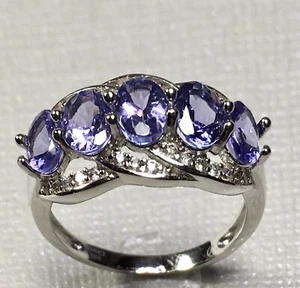 925 Sterling Silver Rhodium Plated Prong Set 5 Amethyst Gemstone  Ring Size 8.5 - Picture 1 of 15
