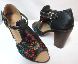 Sandales à talons en cuir Artisan Boho bloc couleur noir Mexique taille 9