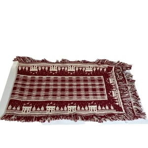 Crate Barrel table runner Red White Fringed House Tree Motif Belgian Cottage - Picture 1 of 4
