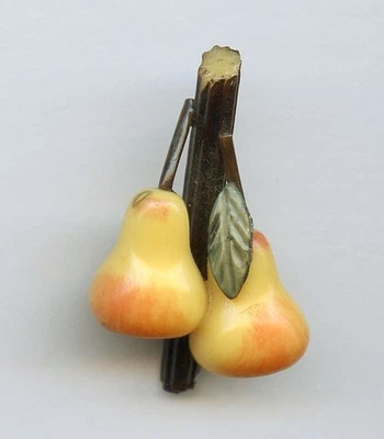 STUNNING MARION WEEBER CELLULOID button-2 AWESOME PEARS on BRANCH--1 & 1/2" X 1" - Image 1 of 3