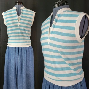 Vintage Andrew St John Blue & White Striped Knit Top w Zipper Neckline Size L - Picture 1 of 17