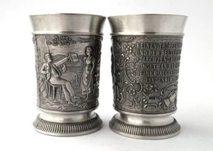 Vintage Souvenirs Tin Shot Glasses Pair Frieling Zinn Germany Die Lindenwirtin - Picture 1 of 8