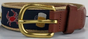 Leather Man Ltd Mens Crab & Beer Golf Belt Embroidered Canvas USA- Size 34 - EUC - Picture 1 of 12