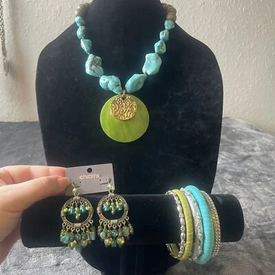 Chico’s Turquoise/Howlite Dyed Shell Pendant Necklace With Earrings & Bracelets - Image 1 of 4