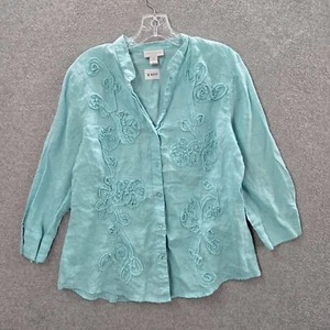 Charter Club Women Top Button Up Collar 16P Blue Floral Detail Linen Collar - Picture 1 of 9