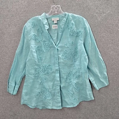 Charter Club Mujer Top Cuello Abotonado 16P Azul Detalle Floral Cuello Lino Foto 1 de 4