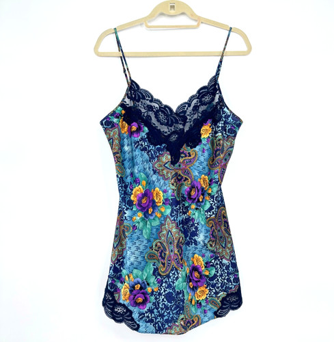 UNDERCOVER Victoria’s Secret Mini Abito Slip M Etichetta Oro Abito Raso Pizzo Blu Floreale Vintage