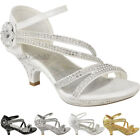 New Girls Kids Low Heel Wedding Diamante Sandals Bridesmaid Party Shoes UK Size