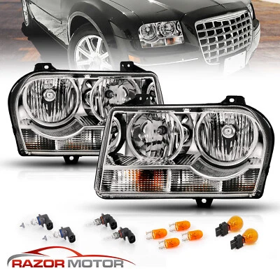 2005-2010 For Chrysler 300 Chrome Headlight Lamp Pair Include Bulbs + Socket - Image 1 of 4