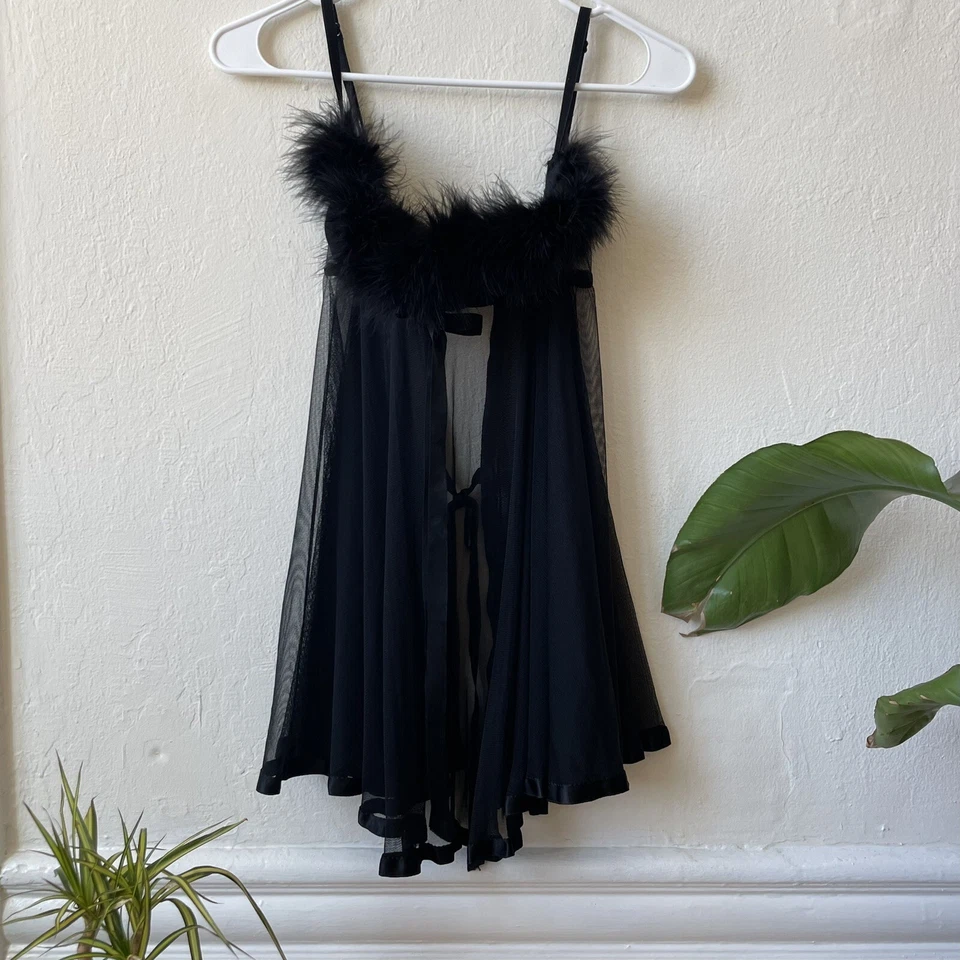 NWOT rare 90s Victoria’s Secret black marabou fur feather babydoll top - Изображение 1 из 4