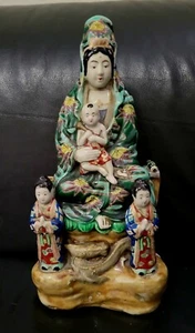 Antique Chinese Kwan Yin Children Statue Famille Verte Large 12" Immortal Rare! - Picture 1 of 18