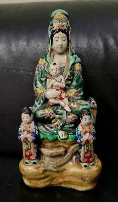 Antique Chinese Kwan Yin Children Statue Famille Verte Large 12" Immortal Rare! - Image 1 of 4