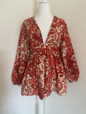 Free People Romper Red Floral Long Sleeve Open Back Linen Blend Festival Medium - Image 1 of 4