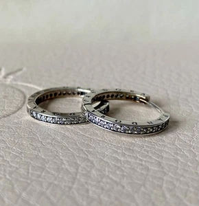Genuine Pandora Sparkling Logo Hoops Earrings - Picture 1 of 5