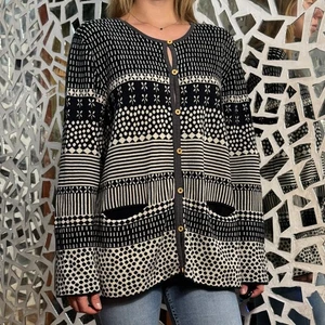 Cárdigan Suéter Gudrun Sjoden Negro/Blanco Rayas Geométricas Botones Hasta Talla XL - Imagen 1 de 8