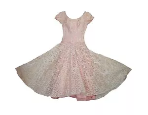 Vintage 1950s Party Dress Beige Lace Rhinestone Trim Tea Length Circle Skirt - Picture 1 of 5