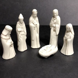 6 Piece Porcelain Ceramic Miniature Nativity Set White with Gold Simple Elegant - Picture 1 of 9