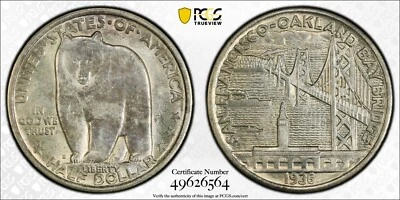 1936-S 50c Bay Bridge Commemorative Silver Half Dollar PCGS MS64 - Image 1 of 3