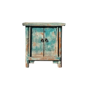 16.25" Oriental Distressed Teal 2 Doors End Table Nightstand Chest ws4393 - Picture 1 of 5
