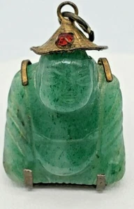 Seltener antiker 14 Karat Gold Buddha Rubin mit dunkler Jade Glückssegen Anhänger 福 - Bild 1 von 9