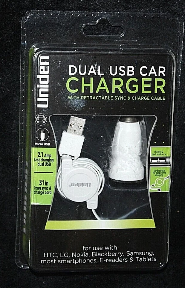 Автомобильное зарядное устройство Uniden белое с двумя USB с выдвижным кабелем синхронизации и зарядки - Изображение 1 из 2