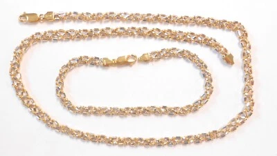 Italy 750 18K Yellow White Gold Triple Strand Woven Bar & Bead Necklace Bracelet - Image 1 of 4