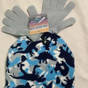 New dinosaur camp high desert blue beanie hat and gray gloves boys set onesize - Picture 1 of 5