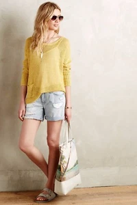 Anthropologie Sparrow Sweater Yellow Ribbed Linen Blend Pullover Pocket Sz M - Picture 1 of 6