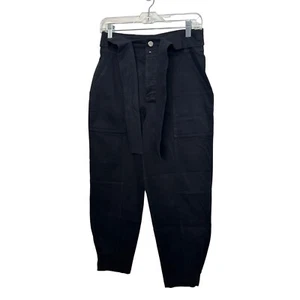 Bar lll Women’s Black Pants M Tie Belt Tapered Button Closure Pockets Stretch - Picture 1 of 19