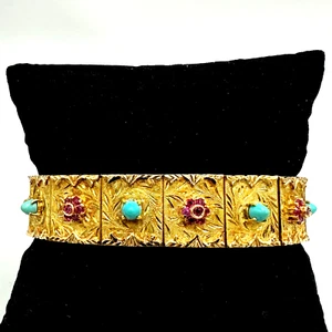 Vintage Bracelet 50s Italy Gold Solid 18K Rubies Natural And Turquoise - Picture 1 of 13
