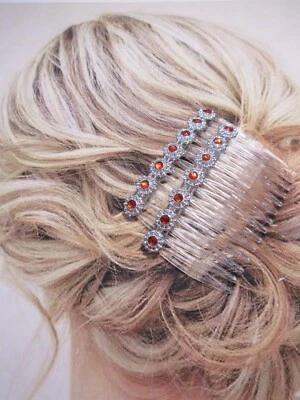 Aztec Silver Circles Red Rhinestones Side Hair Comb Pair Dance Wedding combs - Image 1 of 4