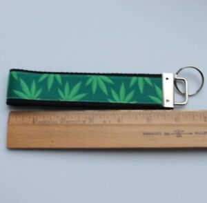 Pot Leaf Marijuana Key Fob Grosgrain Ribbon Webbing Keychain Wristlet 6 inch