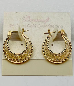 DaneCraft 24KT Gold Over 925 Sterling Silver Filigree Hoop Earrings - Picture 1 of 5