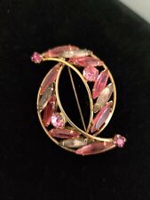 Vintage Double Crescent Moon Brooch Pink and Mauve Crystals Celestial Sparkly 