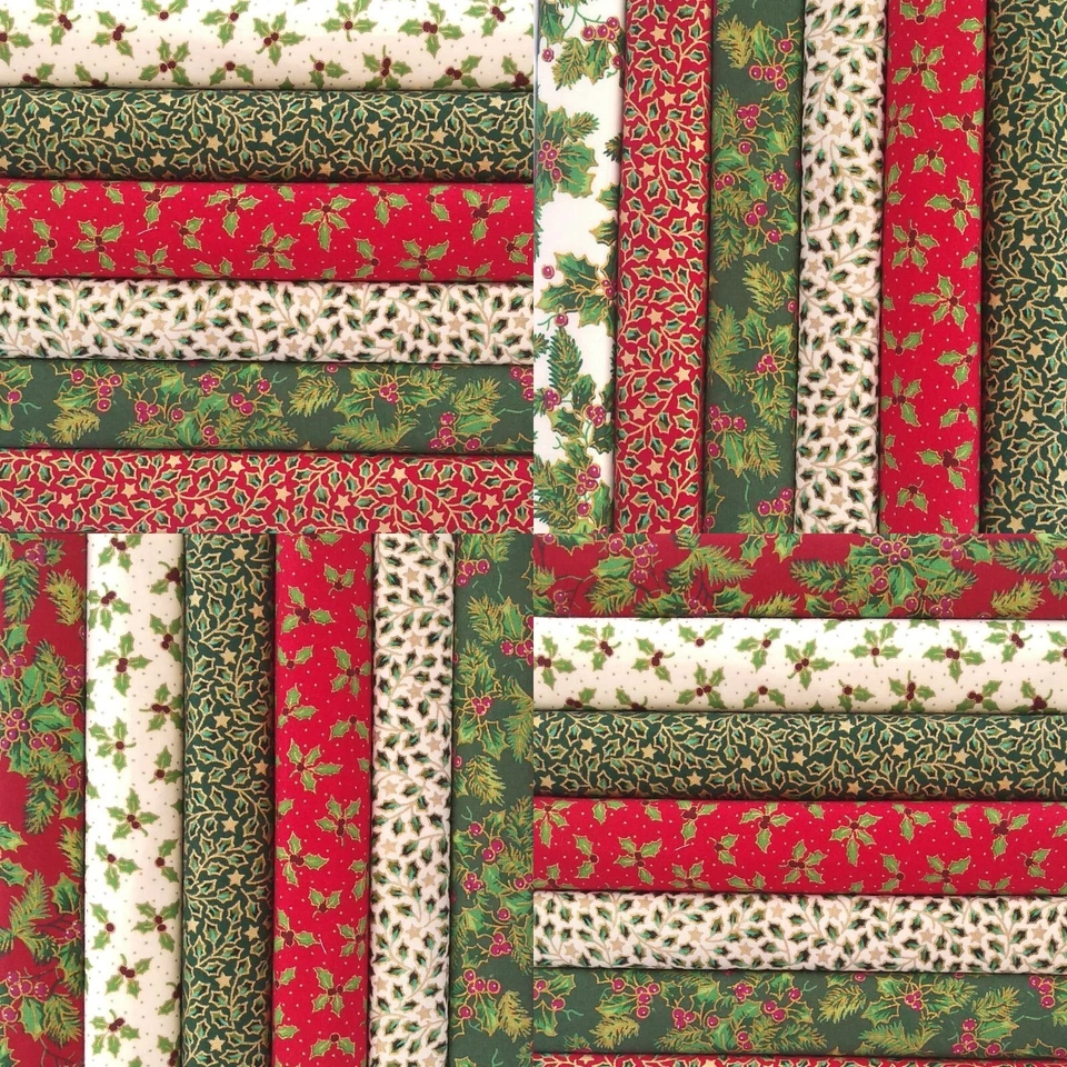 ROSE & HUBBLE 40 X 5 INCH CHRISTMAS FABRIC PATCHWORK QUILTING SQUARES HOLLY MIX 100% COTTON