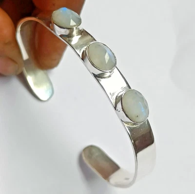 蓝色闪光月光石袖口手镯手工制作纯银可调节手链 — 第 1/4 张图片