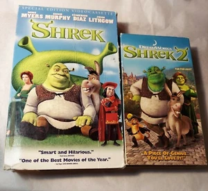 VHS Shrek 1 & 2 Movies Dreamworks Kids Cartoons Tested Plays Great - Picture 1 of 3