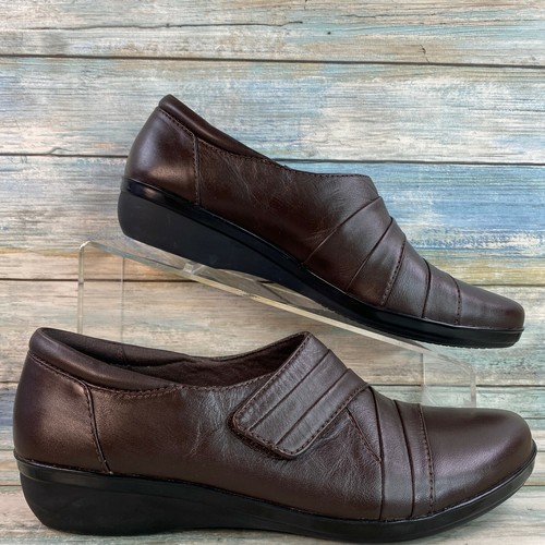 Mocassini Clarks donna taglia 8M pelle marrone eleganti scarpe comode zeppa regolabile