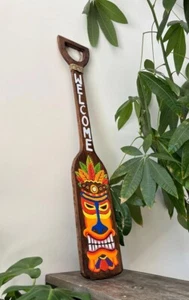 Hawaiian Hand Made 35" Carved Wood Tiki Face Welcome Paddle Sign Home Decor - Picture 1 of 3