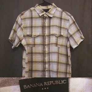 Camisa grande a cuadros Banana Republic para hombre con botones blanca amarilla gris - Imagen 1 de 10